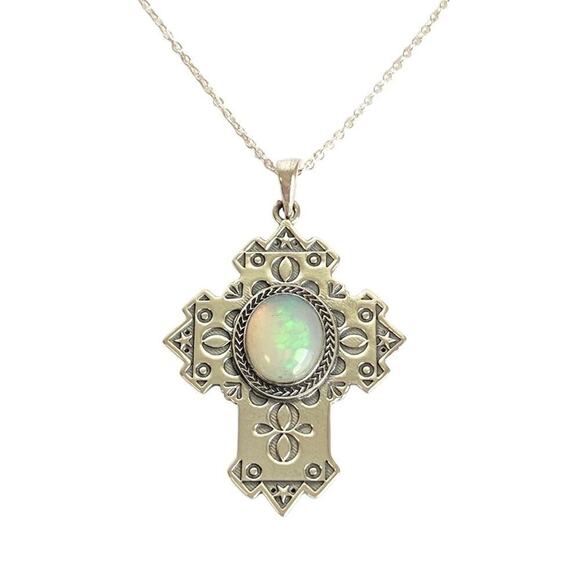 Humanly Krafted Opal Cross Necklace Sterling Silver Pendant 18”‎ - 20” Chain